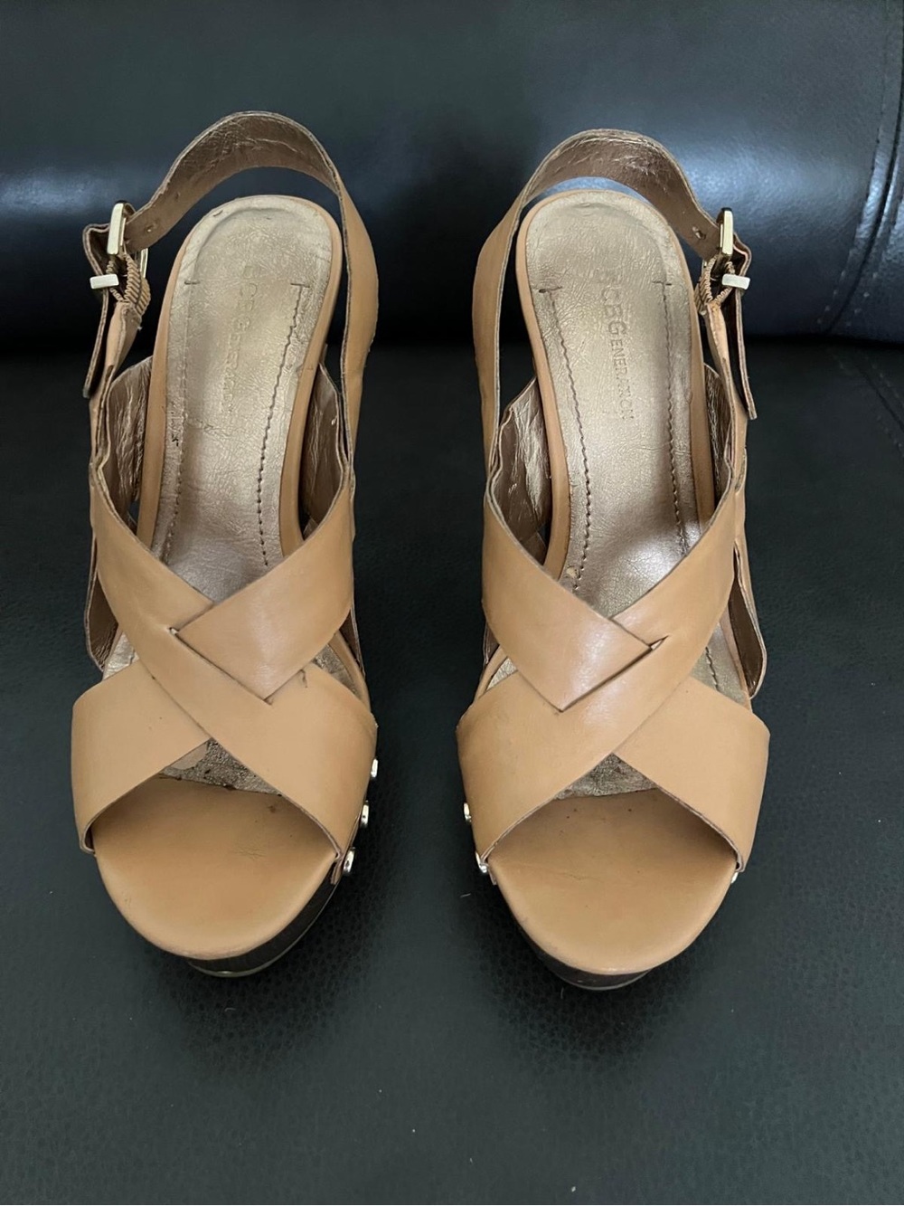 Leather Crisscross Slingback Wedge Sandals - Tan BCBG generation